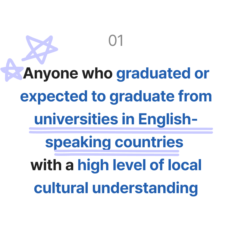 Anyone who graduated or expected to graduate from universities in English-speaking countries with a high level of local cultural understanding